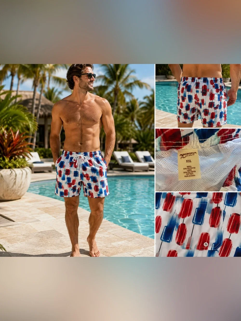 Arizona Jean Company White Swim Trunks with Red and Blue Popsicle Print